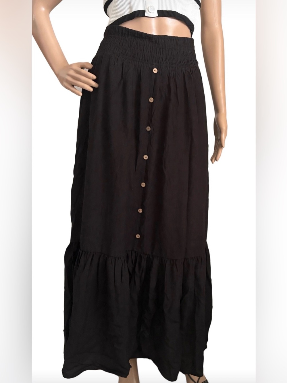 Final Touch Black Smocked Waist Button Accent Maxi Skirt Pockets Lining Size M